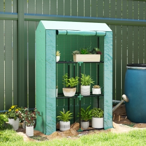Outsunny Mini Greenhouse with 3 Tier Shelves, 3 Roll-Up Doors for Indoor Outdoor, Green