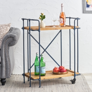 Firwood and Iron Bar Cart with Wheels, 2-Tier Mobile Serving Cart with Cross-Back Motif, 28" L x 17.5" W x 33" H, Wood+Black