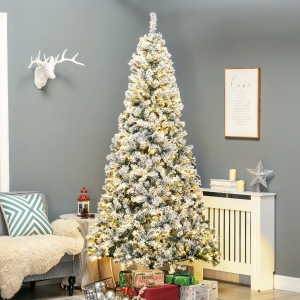 HOMCOM 7.5ft Artificial Prelit Christmas Tree with Warm White LED Light, Snow Flocked Branches, Metal Base, Xmas Tree