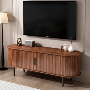 55" Modern TV Stand with Storage Compartment and Sliding Door, Gaming Entertainment Center with Cabinet, 55" L x 16" W x 21.5" H, Walnut