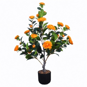 36" Faux Camellia Plant in Pot with Orange Flowers, Artificial Camellia Tree 2-Pack for home or office decor, 26.5" L x 6" W x 36" H, Black+Orange