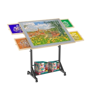 Wooden 1500 Piece Puzzle Table with Drawer, Adjustable Height, Rolling Puzzle Table with Wheels, 35" L x 27" W x 37.5" H, Black+Natural