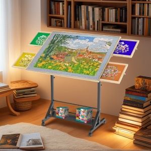Wooden 1500 Piece Puzzle Table with Drawer, Adjustable Height, Rolling Puzzle Table with Wheels, 35" L x 27" W x 37.5" H, Black+Natural