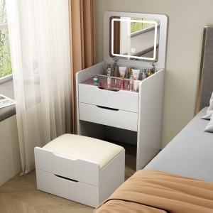 3-in-1 Vanity Desk with Flip Top Mirror, Compact Makeup Vanity Set with Visible Glass Desktop, Cushioned Stool, 23.5" L x 16" W x 31.5" H, White