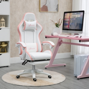 Vinsetto Computer Gaming Chair, PU Leather Office Desk Chair with Footrest, Swivel Wheels, 135° Reclining Back, White