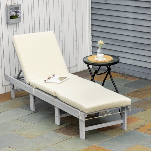 Outsunny Wooden Folding Chaise Lounge, Outdoor Chaise Lounge Chair, Garden Reclining Tanning Chair with 4 Adjustable Back Soft Cushions, Light Grey