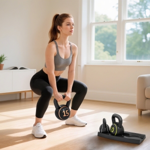 Soozier Three-Piece Kettlebell Set Weights with Storage Stand for Home Gym Weight Lifting Training, 5lbs, 10lbs, 15lbs (2.2kg, 4.5kg, 6.8kg)