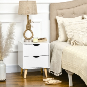 HOMCOM Modern Bedside Table, Nightstand with 2 Drawers and Pine Wood Legs for Bedroom, Living Room, White