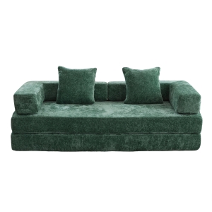 Foldable Sofa Bed Convertible Floor Sofa with Pillow Back Support and Armrest, Compressed Sofa Lounge Sleeper with Chenille Fabric, 77'' L x 37.5'' W x 23.5'' H, Dark Green