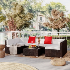 Outsunny 7 Pieces Patio Sofa Outdoor Wicker Sectional Patio Furniture, Dark Brown & Beige