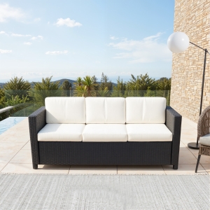 Outsunny Deluxe 3 Seat Rattan Wicker Sofa Garden Outdoor Patio Furniture with Cushion, Cream White