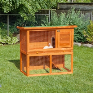 PawHut Wooden Rabbit Hutch, Indoor Outdoor Bunny Cage with Run, 2- Level Guinea Pig House with Slide-Out Tray, Waterproof Roof, Yellow