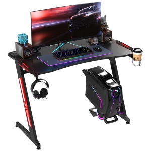 HOMCOM 47" Racing Style Gaming Desk, Z-Shaped Computer Table Workstation with LED Lights, Swivel Cup Holder, Headphone Hook and Cable Management Holes for Gamers Home Office, Black