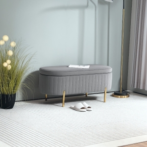 HOMCOM Upholstered Bedroom Bench, Channel Tufted Ottoman Bench with Thick Padding and Metal Legs, Grey