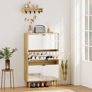 HOMCOM Narrow Shoe Cabinet, High Gloss Shoe Storage Cabinet with 3 Flip Drawers and Adjustable Shelves, Holds 24 Pairs, White