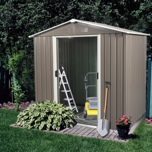 Outdoor Metal Storage Shed with Sliding Doors, Punched Vents, Galvanized Iron Frame, Outbuilding for Backyard, 72.5" L x 47" W x 72.5" H, Grey