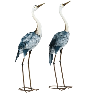 Outsunny Crane Garden Statues, 28.5" & 29" Standing Bird Sculptures, Metal Yard Art Decor, Landscape Decoration Set of 2, Blue