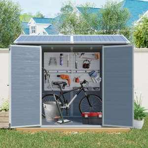 Outdoor Storage Shed with Double-Door and Two Windows, Heavy-Duty Resin Panels, Outbuilding for Backyard, 96" L x 52.5" W x 81" H, Grey