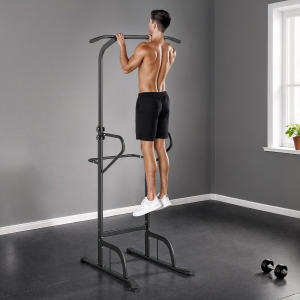 Soozier Power Tower Dip Station Pull Up Bar, Multi-Function Push Up Equipment with Adjustable Height for Home Gym Strength Training Workout Fitness, Black
