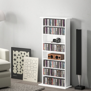 HOMCOM 8-Tier DVD Shelf with 6 Adjustable Shelves, Slim CD Shelf, Holds 360 CDs, 185 DVDs or 185 Blu-rays, White