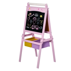Qaba 3 In 1 Kids Wooden Art Easel with Paper Roll, Double-Sided, Chalkboard & Whiteboard, Storage Baskets, Pink