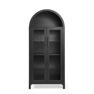Arched Top Storage Cabinet with LED Light Strip, Adjustable Glass Shelves, Modern Bookcase for Living Room, 30" L x 15.5" W x 67" H, Black