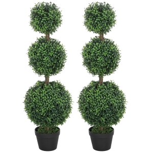 HOMCOM Set of 2 Artificial Ball Boxwood Topiary Trees, Fake Plants in Pot for Indoor Outdoor Living Room Green