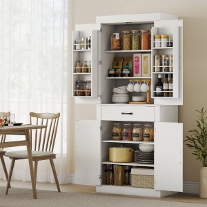 HOMCOM 72" Kitchen Pantry Cabinet, Farmhouse Kitchen Storage Cabinet with 4 Barn Doors, 6 Door Shelves, Drawer, White