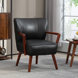 HOMCOM Accent Chair, Modern Armchair, Faux Leather Upholstered Living Room Chair with Wood Legs and Wide Padded Seat, Black