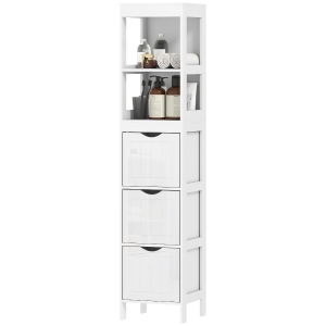 HOMCOM Narrow Bathroom Storage Cabinet, Bathroom Cabinet with 3 Drawers & 2 Open Shelves, Slim Bathroom Floor Cabinet, White