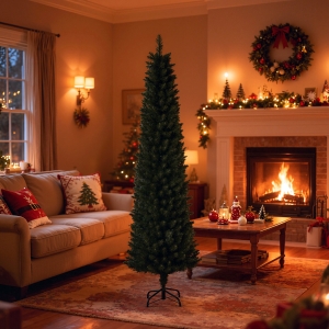 HOMCOM 6FT Artificial Christmas Tree Xmas Pencil Tree Holiday Home Indoor Decoration with Foldable Black Stand for Party, Green