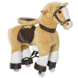 Qaba Ride on Horse, Plush Walking Horse Toy, Kids Riding Chair with Wheels for Kids 3-8 Years, Light Brown