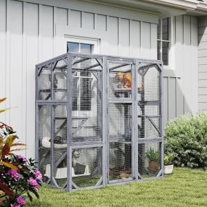 PawHut Outdoor Cat Enclosure with 6 Jumping Platforms, Weatherproof Roof, Large Front Door for 1-3 Cats, 59" x 28" x 60", Grey