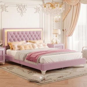 Queen Size Upholstered Bed Frame with LED Lights, Modern Velvet Platform Bed with Tufted Headboard, 84" L x 64" W x 44.5" H, Pink