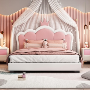 Full Size Upholstered Princess Bed with Crown Headboard, Solid Poplar Wood Frame, Bed Frame for Children, 80" L x 61.5" W x 44" H, Cream