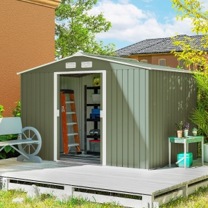 Outsunny 9.1'x6.4'x6.3' Garden Storage Shed w/ Foundation Kit Metal Tool Storage House w/ Double Doors Light Green