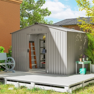 Outsunny 9.1' x 6.4' x 6.3' Garden Storage Shed w/ Foundation Kit Metal Tool Storage House w/ Double Doors Grey