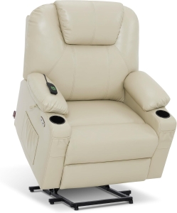 MCombo Extra Wide Power Lift Recliner Chair for Elderly R7045 - Medium-Wide Faux Leather Lift Chair with Heat & Massage, USB & Type-C Ports, Cup Holders (Cream White)