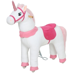 Qaba Ride on Unicorn Toy for Kids 4-7 Years, 37.8 Inch Plush Baby Rocking Horse with Wheels, No Battery Required, White