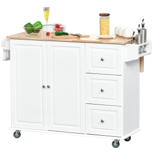 HOMCOM Mobile Kitchen Island Storage Trolley Cart on Wheels with Dropleaf Top, Towel/Spice Rack, 3 Drawers, 2-Door Cabinet, White
