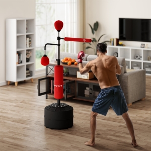 Soozier 4-in-1 Free Standing Punching Bag, Height Adjustable Boxing Bag with 2 Speed Balls, 360° Reflex Bar, Red