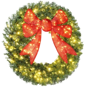 HOMCOM 48in Pre-Lit Christmas Wreath with 3D Red Bow, 11 Lighting Modes, Front Door Christmas Wreath with Remote