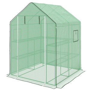 Outsunny 4.6' x 4.7' Portable Greenhouse, Water/UV Resistant Walk-In Small Outdoor Green House with 2 Tier U-Shaped Flower Rack Shelves, Roll Up Door & Windows, Green