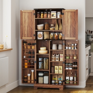 HOMCOM 64" Tall Kitchen Pantry Cabinet with Spice Racks and Adjustable Shelves, Brown Wood Grain