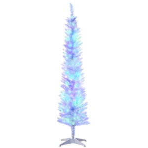 HOMCOM 6' Prelit Christmas Trees, Pencil Artificial Christmas Tree with Colorful Surface Branches, Colorful LED Lights, White