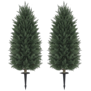 HOMCOM 43.3 Inch Set of 2 Artificial Cypress Topiary Tree, Indoor Outdoor UV Resistant Faux Plants with Ground Stake for Garden