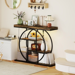 HOMCOM 4-Tier Entryway Table with Charging Station LED Lights 39" Console Table with Circle Base for Living Room, Rustic Brown