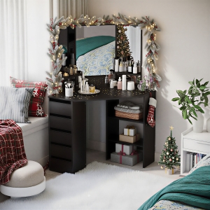 HOMCOM Corner Vanity Desk with Mirror, Makeup Vanity Table with 5 Drawers and Open Shelves, Dressing Table with 3-piece Mirror for Bedroom, Black
