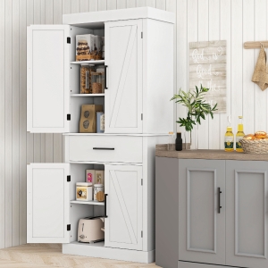 HOMCOM 72" Kitchen Storage Cabinet, Farmhouse Kitchen Pantry Cabinet with 4 Barn Doors, Drawer, Adjustable Shelves, White