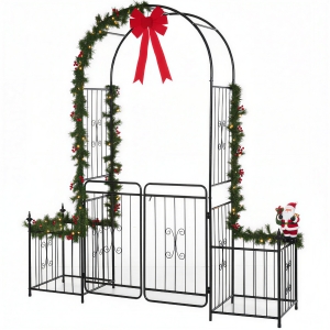 Outsunny 86" Garden Arch Arbor, Metal Arch Trellis with Gate and Planter Baskets, Garden Archway for Climbing Vines, Wedding Ceremony Decoration, Flourishes & Arrow Tips, Black